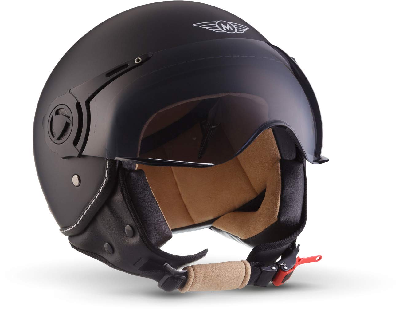 Moto Helmets® H44 „Matt Black“ · Jet-Helm · Motorrad-Helm Roller-Helm Scooter-Helm Bobber Mofa-Helm Chopper Retro Cruiser Vintage Pilot Biker Helmet · ECE Visier Schnellverschluss Tasche M (57-58cm) von Moto Helmets