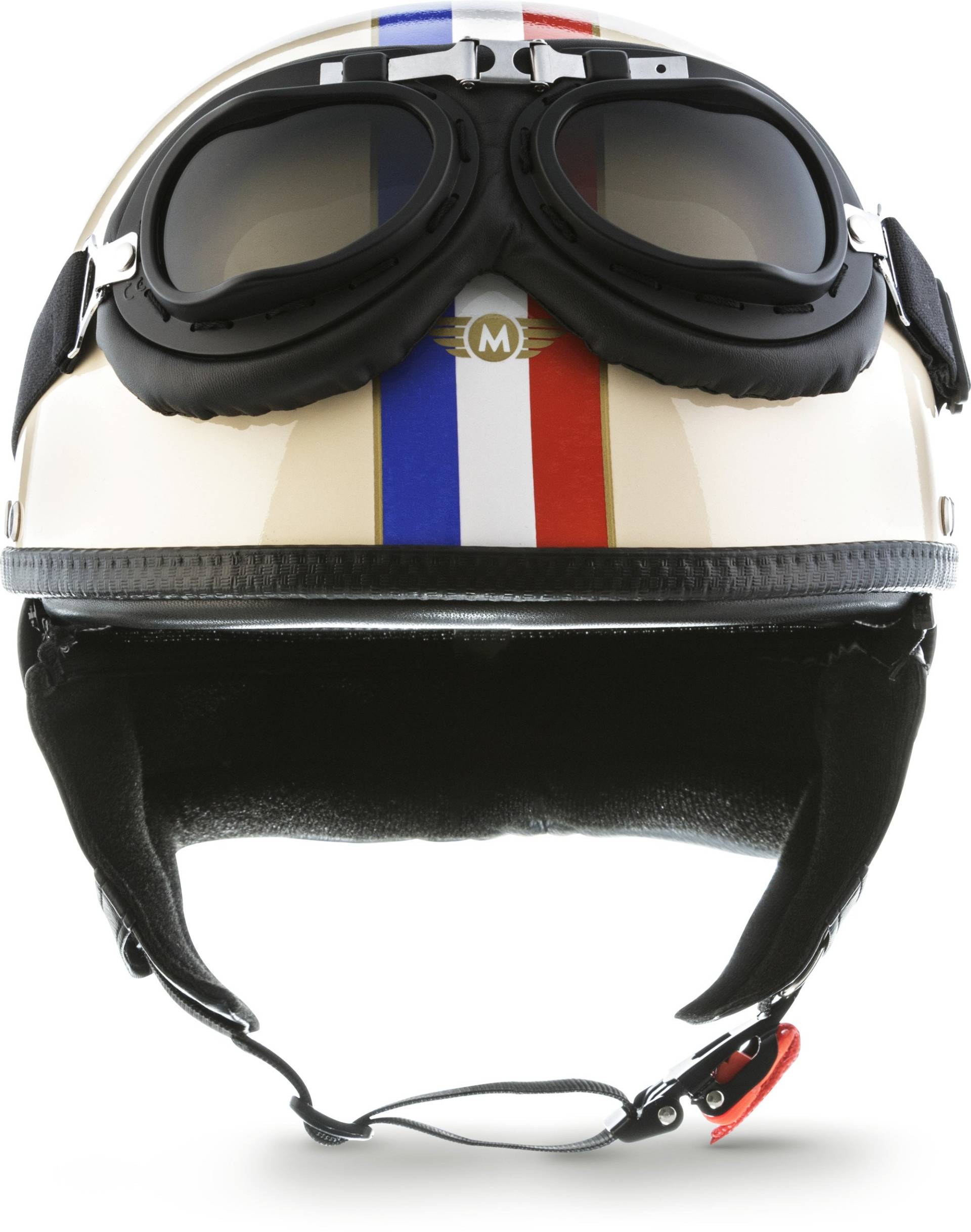 Moto Helmets® D22-Set „France“ · Brain-Cap · Halbschale Jet-Helm Motorrad-Helm Roller-Helm Scooter-Helm Bobber Mofa-Helm Chopper Retro Cruiser Vintage Pilot Biker Helmet Brille Visier · M (57-58cm) von Moto Helmets