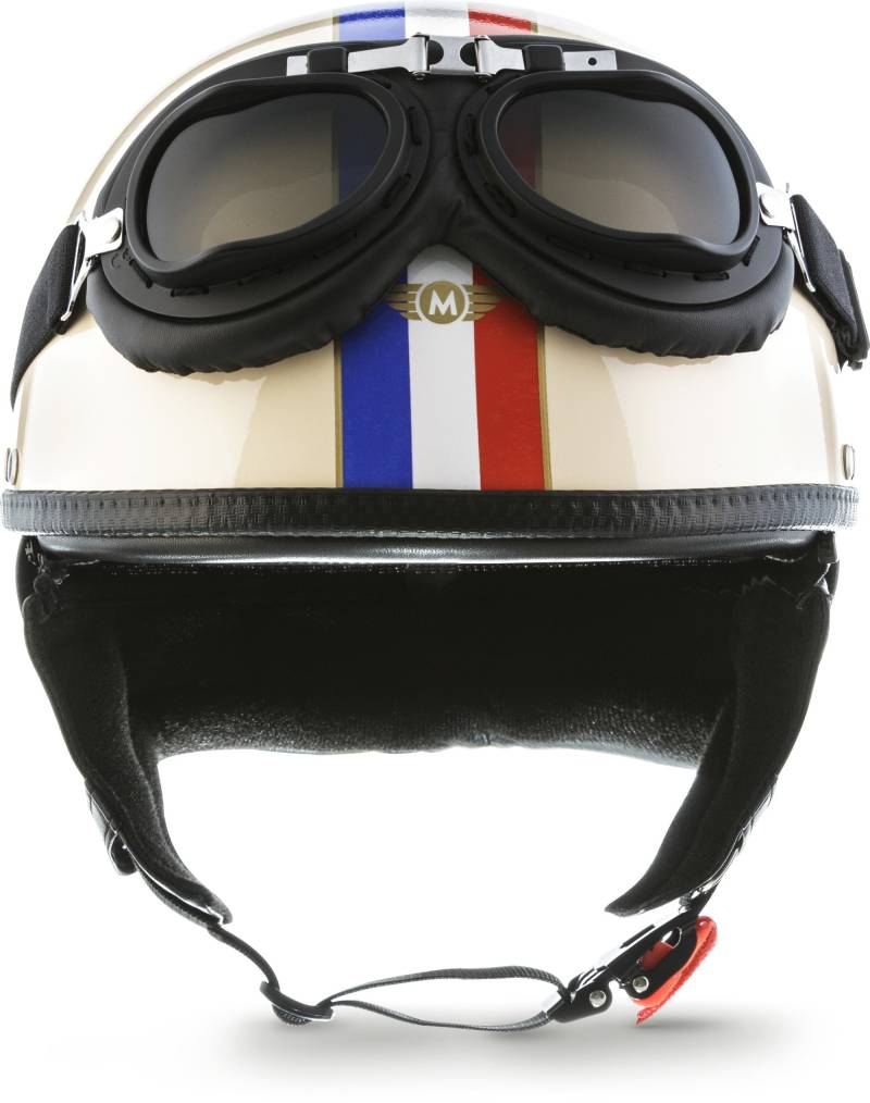 Moto Helmets® D22-Set „France“ · Brain-Cap · Halbschale Jet-Helm Motorrad-Helm Roller-Helm Scooter-Helm Bobber Mofa-Helm Chopper Retro Cruiser Vintage Pilot Biker Helmet Brille Visier · M (57-58cm) von Moto Helmets