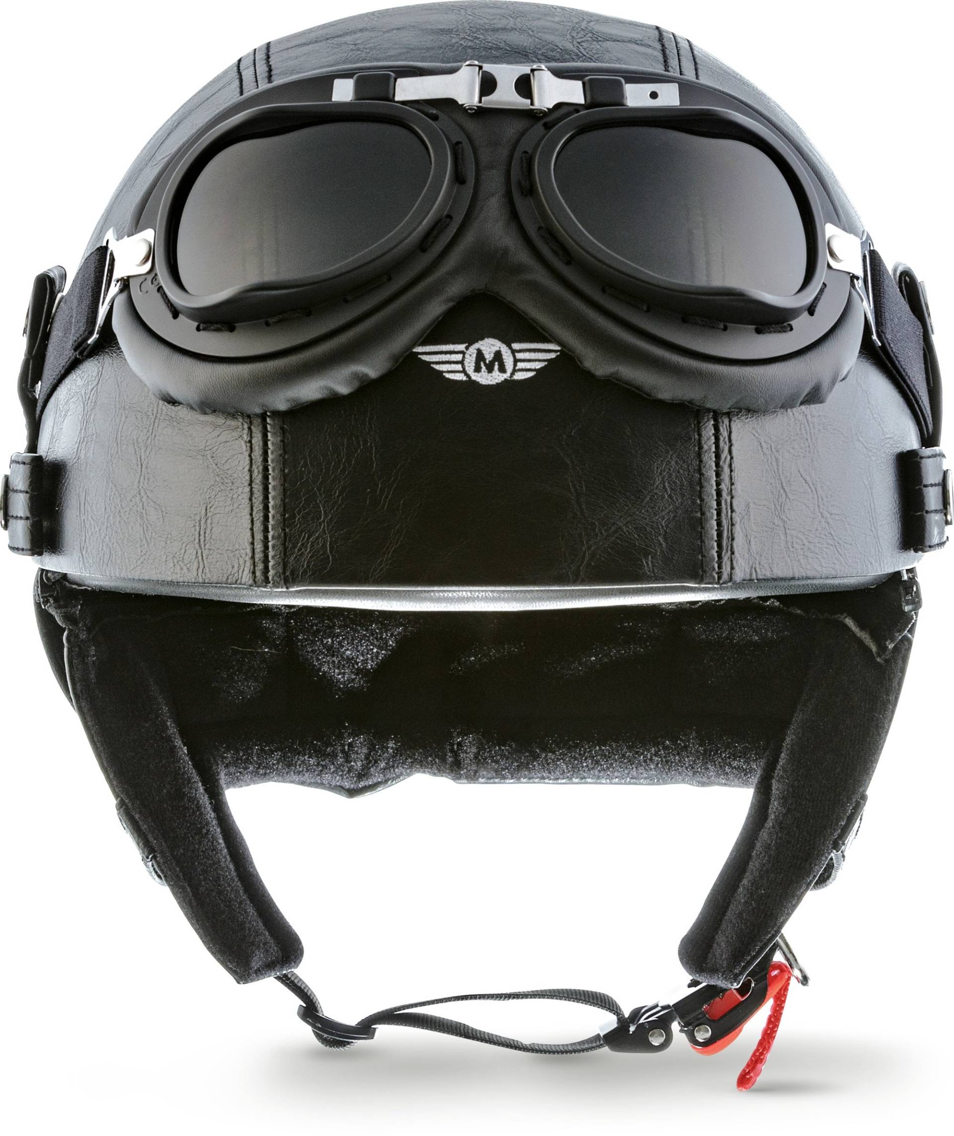 Moto Helmets® D22-Set „Leather Black“ · Brain-Cap · Halbschale Jet-Helm Motorrad-Helm Roller-Helm Scooter-Helm Bobber Mofa-Helm Chopper Retro Cruiser Vintage Pilot Biker Helmet Brille · S (55-56cm) von Moto Helmets