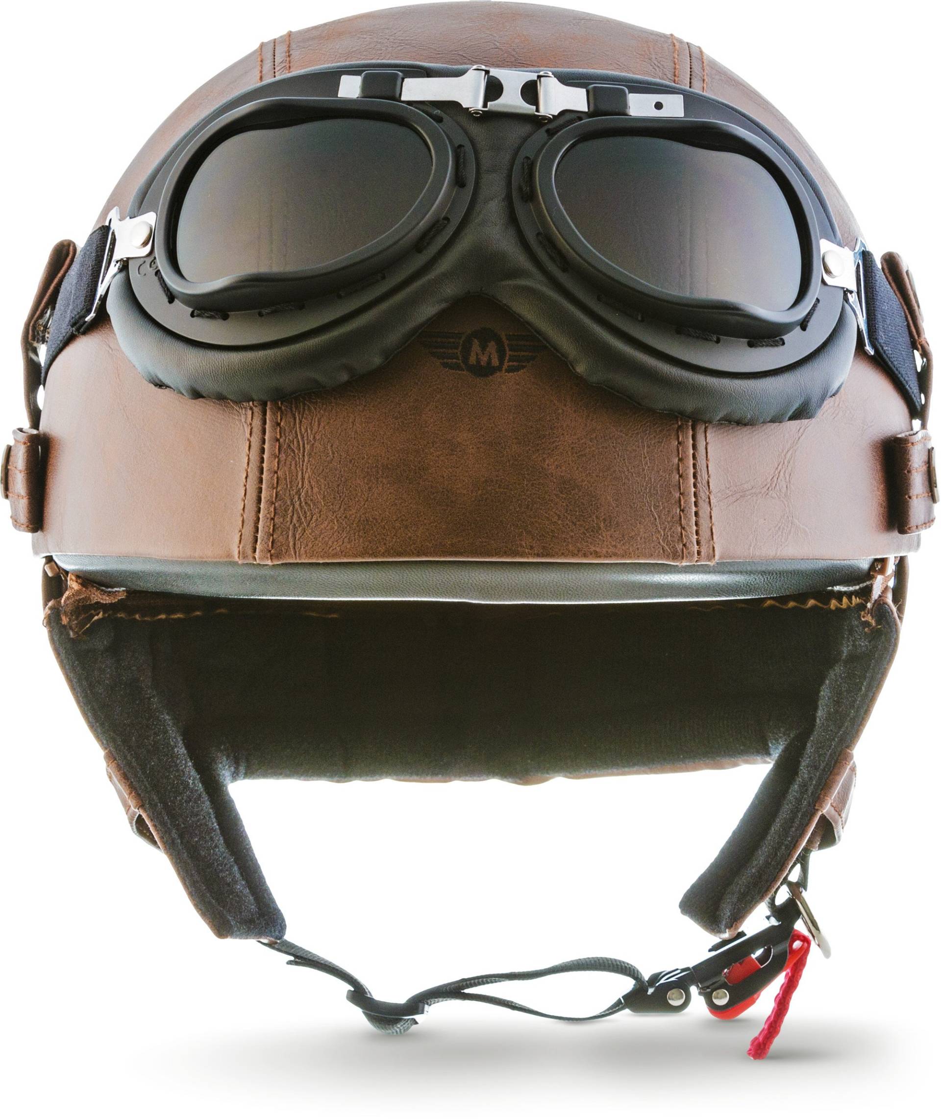 Moto Helmets® D22-Set „Leather Brown“ · Brain-Cap · Halbschale Jet-Helm Motorrad-Helm Roller-Helm Scooter-Helm Bobber Mofa-Helm Chopper Retro Cruiser Vintage Pilot Biker Helmet Brille · XXL (63-64cm) von Moto Helmets