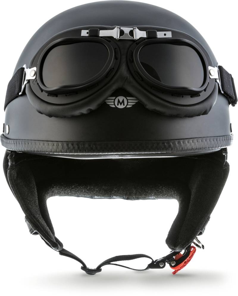 Moto Helmets® D22-Set „Matt Black“ · Brain-Cap · Halbschale Jet-Helm Motorrad-Helm Roller-Helm Scooter-Helm Bobber Mofa-Helm Chopper Retro Cruiser Vintage Pilot Biker Helmet Brille · XL (61-62cm) von Moto Helmets