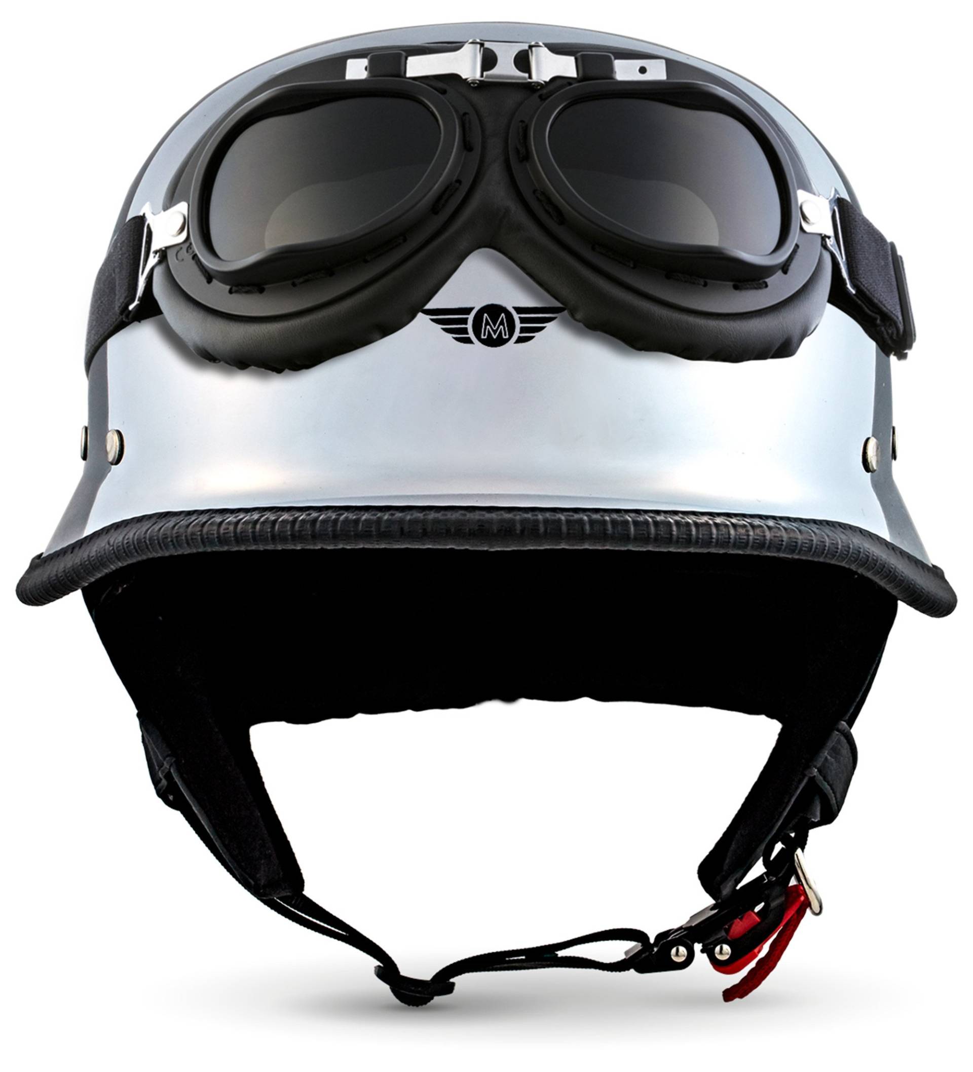 Moto Helmets® D33-Set „Chrome“ · Brain-Cap · Halbschale Jet-Helm Motorrad-Helm Roller-Helm Scooter-Helm Bobber Mofa-Helm Chopper Retro Cruiser Vintage Pilot Biker Helmet Brille Visier · M (57-58cm) von Moto Helmets