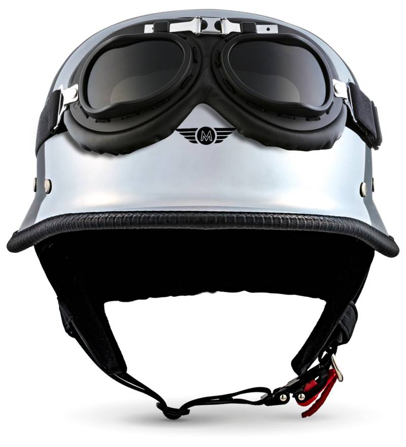 Moto Helmets® D33-Set „Chrome“ · Brain-Cap · Halbschale Jet-Helm Motorrad-Helm Roller-Helm Scooter-Helm Bobber Mofa-Helm Chopper Retro Cruiser Vintage Pilot Biker Helmet Brille Visier · XL (61-62cm) von Moto Helmets