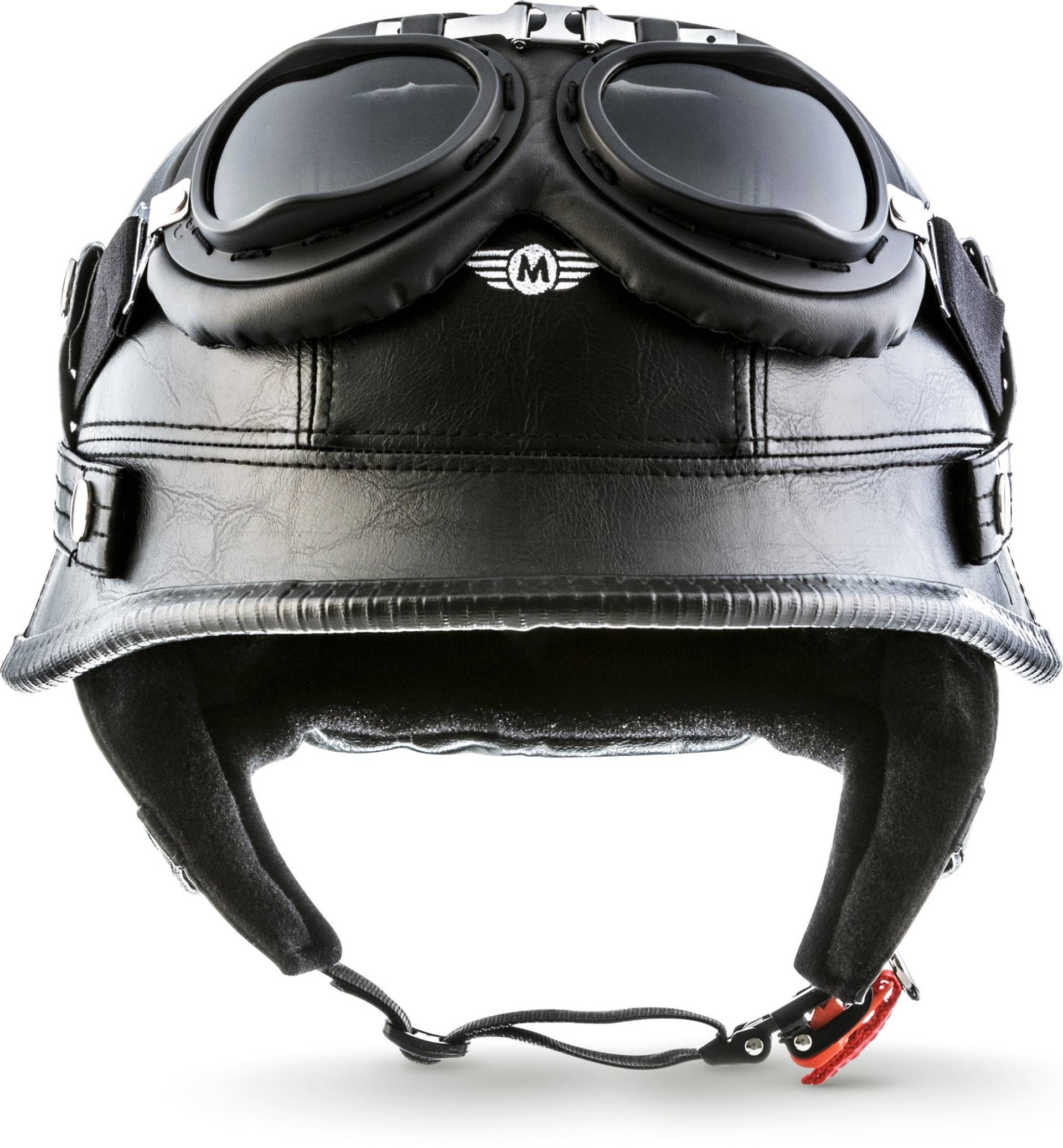 Moto Helmets® D33-Set „Leather Black“ · Brain-Cap · Halbschale Jet-Helm Motorrad-Helm Roller-Helm Scooter-Helm Bobber Mofa-Helm Chopper Retro Cruiser Vintage Pilot Biker Helmet Brille · L (59-60cm) von Moto Helmets