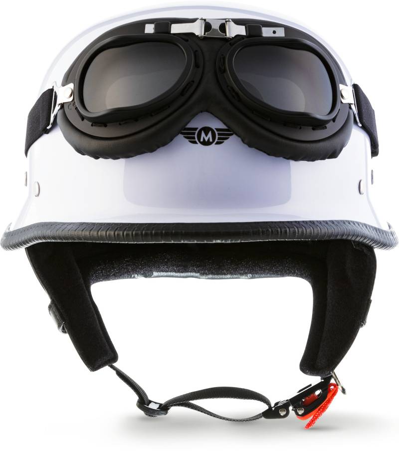 Moto Helmets® D33-Set „White“ · Brain-Cap · Halbschale Jet-Helm Motorrad-Helm Roller-Helm Scooter-Helm Bobber Mofa-Helm Chopper Retro Cruiser Vintage Pilot Biker Helmet Brille Visier · L (59-60cm) von Moto Helmets