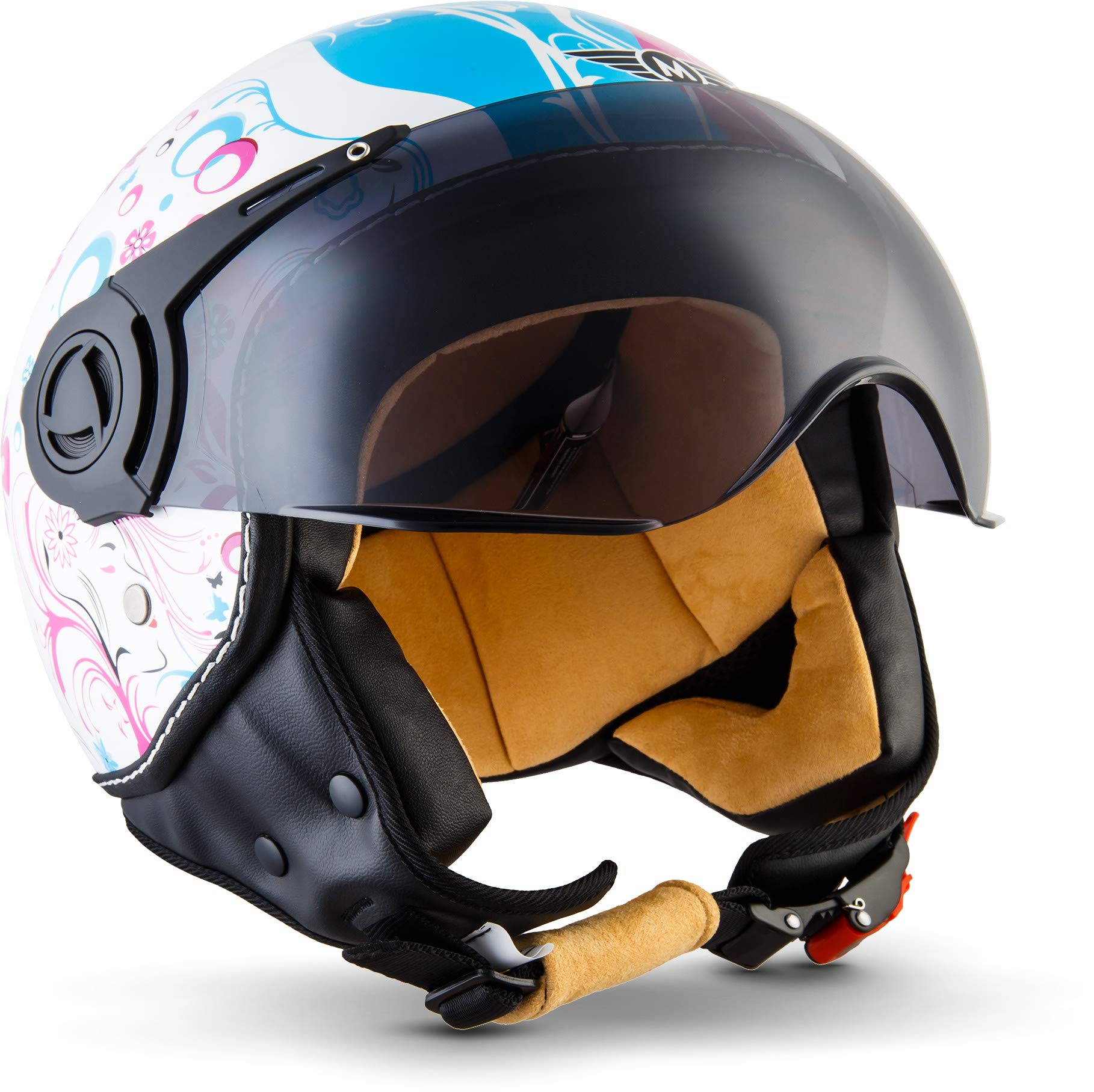 Moto Helmets® H44 „Flower“ · Jet-Helm · Motorrad-Helm Roller-Helm Scooter-Helm Bobber Mofa-Helm Chopper Retro Cruiser Vintage Pilot Biker Helmet · ECE Visier Schnellverschluss Tasche L (59-60cm) von Moto Helmets