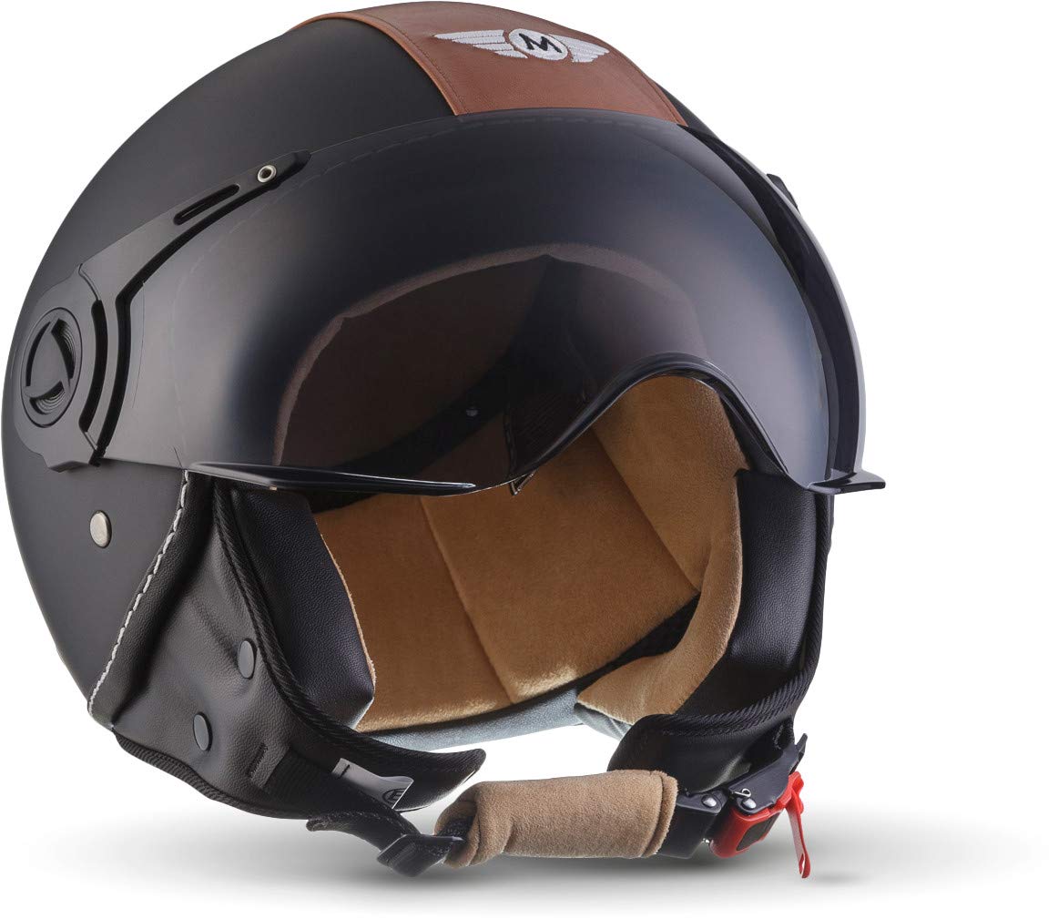 Moto Helmets® H44 „Vintage Black“ · Jet-Helm · Motorrad-Helm Roller-Helm Scooter-Helm Bobber Mofa-Helm Chopper Retro Cruiser Vintage Pilot Biker · ECE Visier Schnellverschluss Tasche L (59-60cm) von Moto Helmets