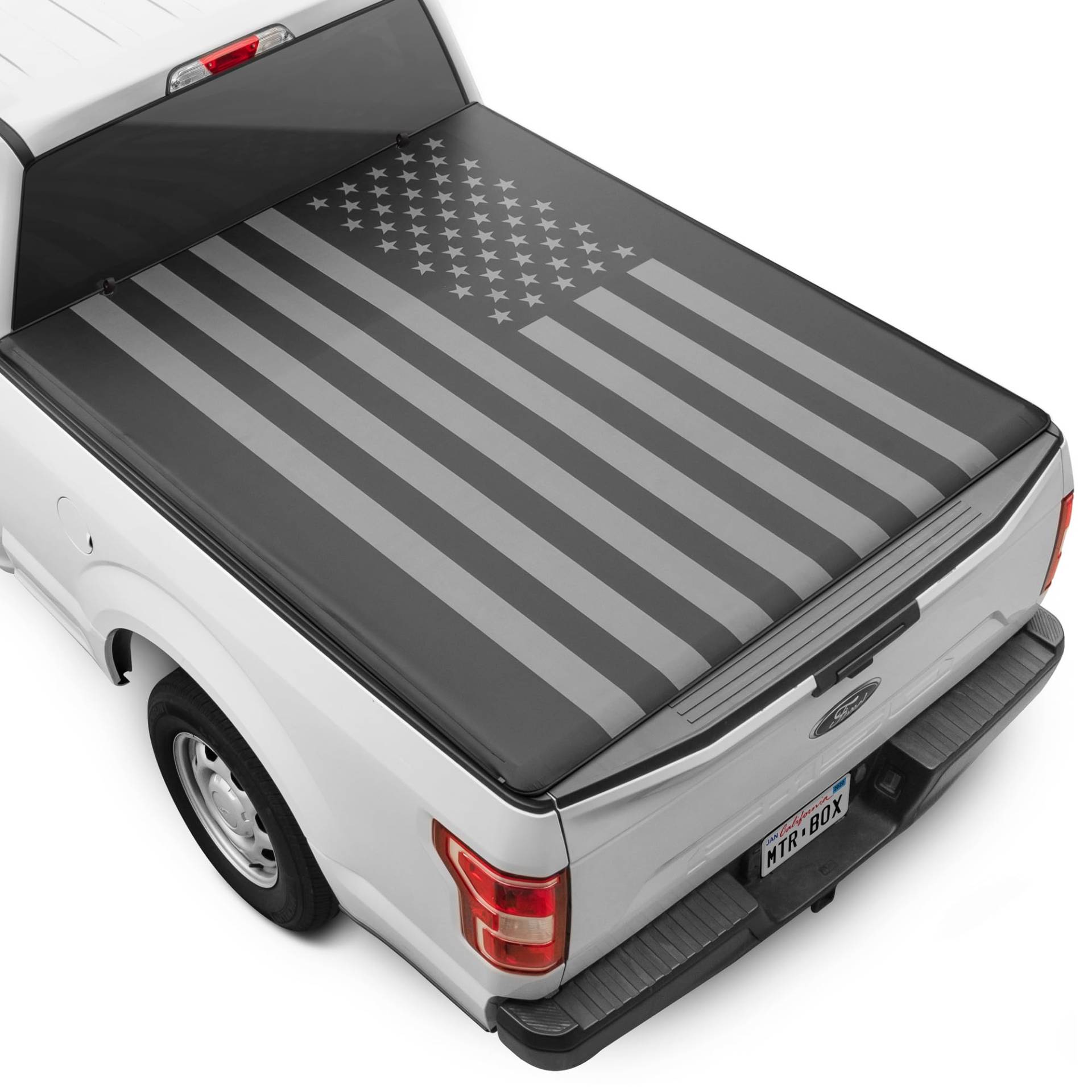 MotorBox LKW Tonneau Abdeckung für Ford F-150 2015-2024 für 1,7 m Bettlänge, Allwetter-weiche Roll-LKW-Bettabdeckung für LKW, schwarze Flaggen-Druck von MotorBox