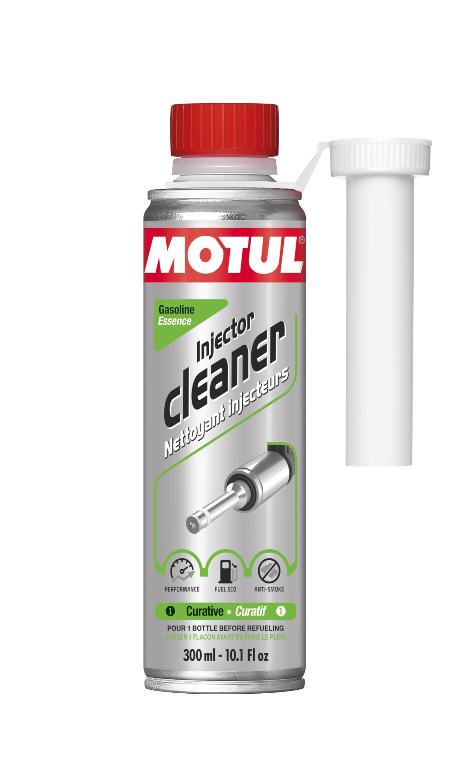 Motul Injektor-Reiniger Benzin, Reinigungs-Additiv für Einspritzdüsen und Kraftstoffsysteme von Otto-Motoren, Mehr Leistung, weniger Verbrauch und Emissionen, Injector Cleaner Gasoline, 300 ml von Motul