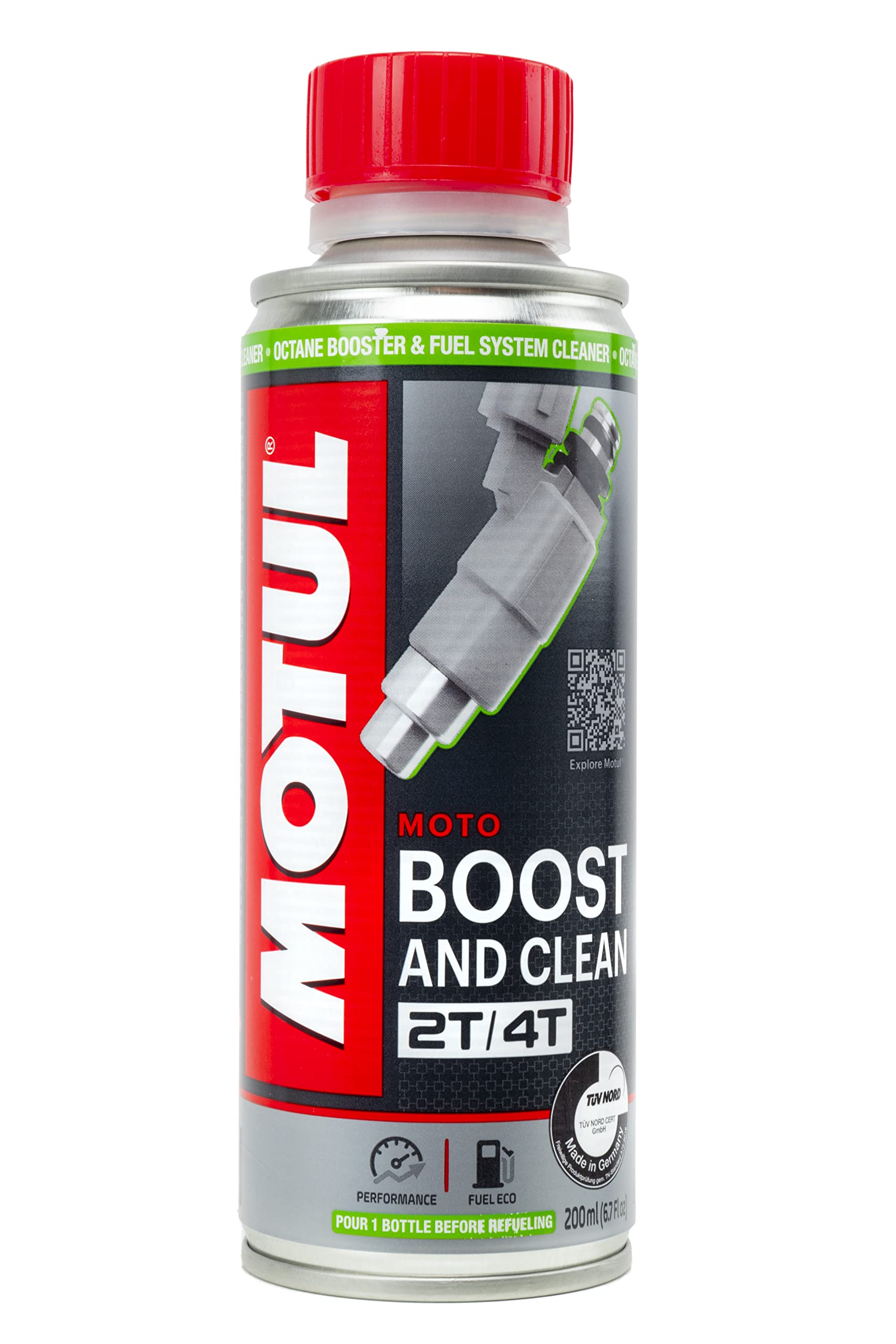 Motul Oktan-Booster und Reinigungs-Additiv für Kraftstoffsysteme von Motorrädern mit 2- und 4-Takt-Motoren, Mehr Leistung, weniger Verbrauch und Emissionen, Boost and Clean Moto, 200 ml von Motul