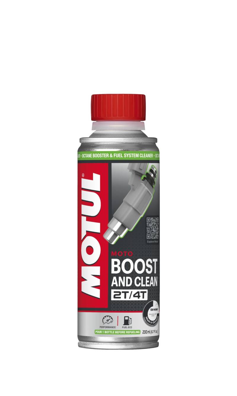 Motul Oktan-Booster und Reinigungs-Additiv für Kraftstoffsysteme von Motorrädern mit 2- und 4-Takt-Motoren, Mehr Leistung, weniger Verbrauch und Emissionen, Boost and Clean Moto, 200 ml von Motul