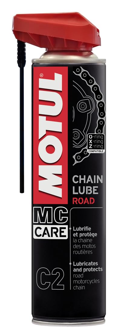 Motul Ketten-Sprühfett für Straßen-Motorräder, Farblos, Geeignet für O-Ring, X-Ring, Z-Ring Ketten, Hochgeschwindigkeitsfest, Wasser- und Salzbeständig, Rostschutz, MC Care Chain Lube Road C2, 400 ml von Motul