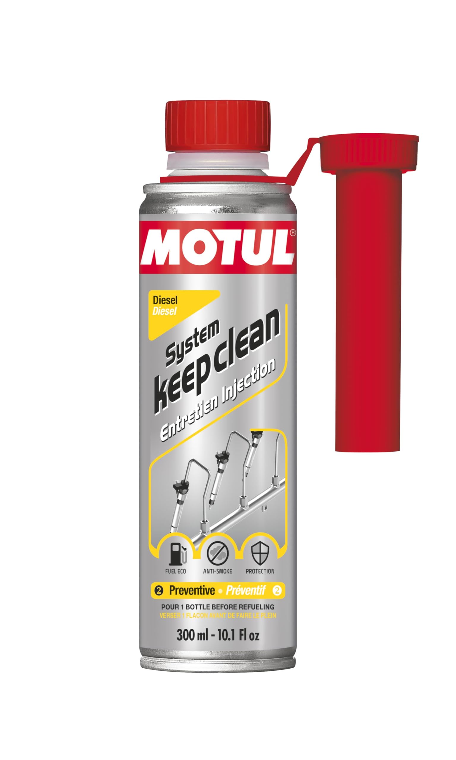 Motul Injektor-Pflege Diesel, Vorbeugendes Pflege-Additiv für Diesel-Motoren, Verhindert Qualmen, Mehr Leistung, weniger Verbrauch und Emissionen, System Keep Clean Diesel, 300 ml von Motul