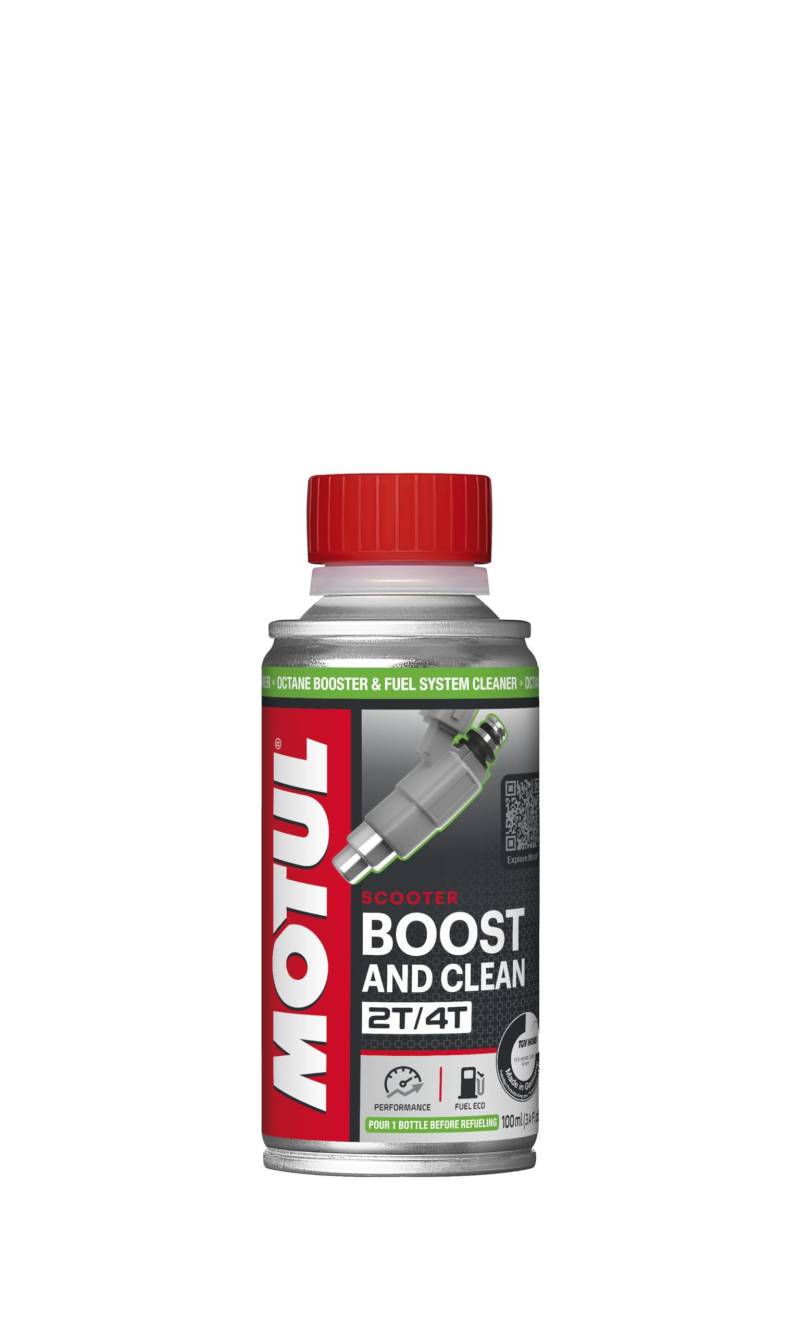 Motul Oktan-Booster und Reinigungs-Additiv für Kraftstoffsysteme von Motorrollern mit 2- und 4-Takt-Motoren, Mehr Leistung, weniger Verbrauch und Emissionen, Boost and Clean Moto, 200 ml von Motul