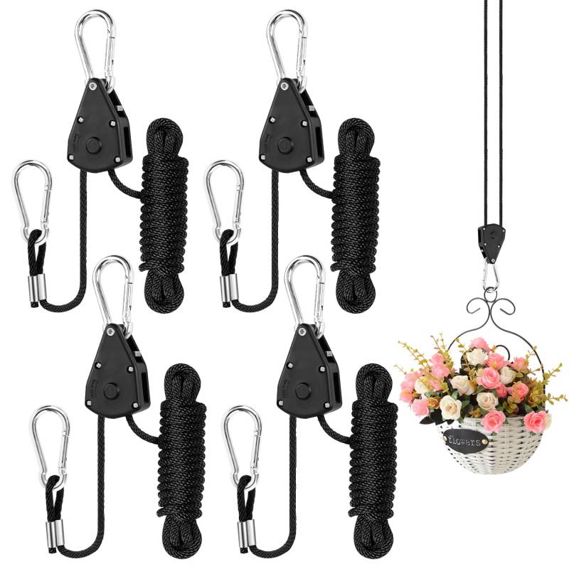 4 Stück Ratchet Hanger Verstellbarer Seilratsche mit Haken Seil Ratsche Haken 2M, 1/8 Zoll Seilaufhänger Seilzugratsche Ratchet Hanger für Pflanzenventilator Licht Zimmerpflanzen von MplehDa