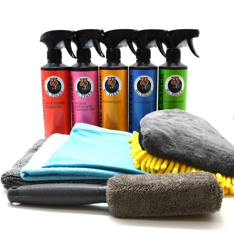 Mr. TIGER Aussenpflege Plus Set | Auto Pflegeset | Außenreinigungsset | Autowaschset | Felgenreiniger + Reifenglanz + Hybrid Sprühlackversieglung + Wax Berry Shampoo + Glasreiniger + Anwendungszubehör von Mr. TIGER