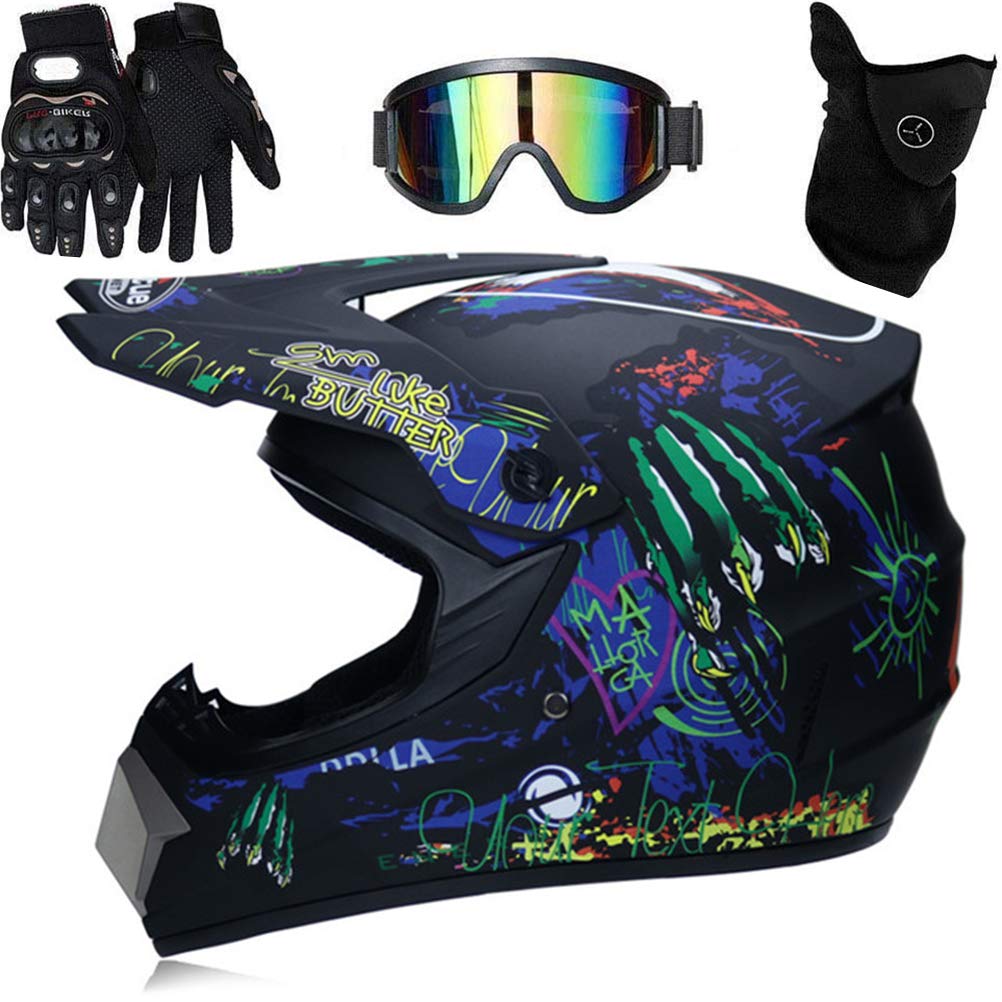 Motocross-Dirt--Helm für Erwachsene mit Schutzbrille, Handschuhen und Maske, Dirt--ATV-Helm für Unisex, Erwachsene, Männer und Frauen, Verstellbare Sonnenblende, Motorrad-Helm, (A) von Mrisata