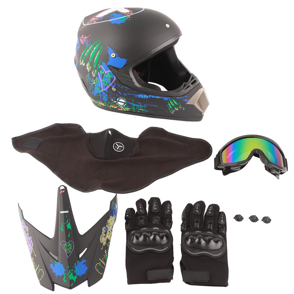 Motocross-Dirt--Helm für Erwachsene mit Schutzbrille, Handschuhen und Maske, Dirt--ATV-Helm für Unisex, Erwachsene, Männer und Frauen, Verstellbare Sonnenblende, Motorrad-Helm, (B) von Mrisata