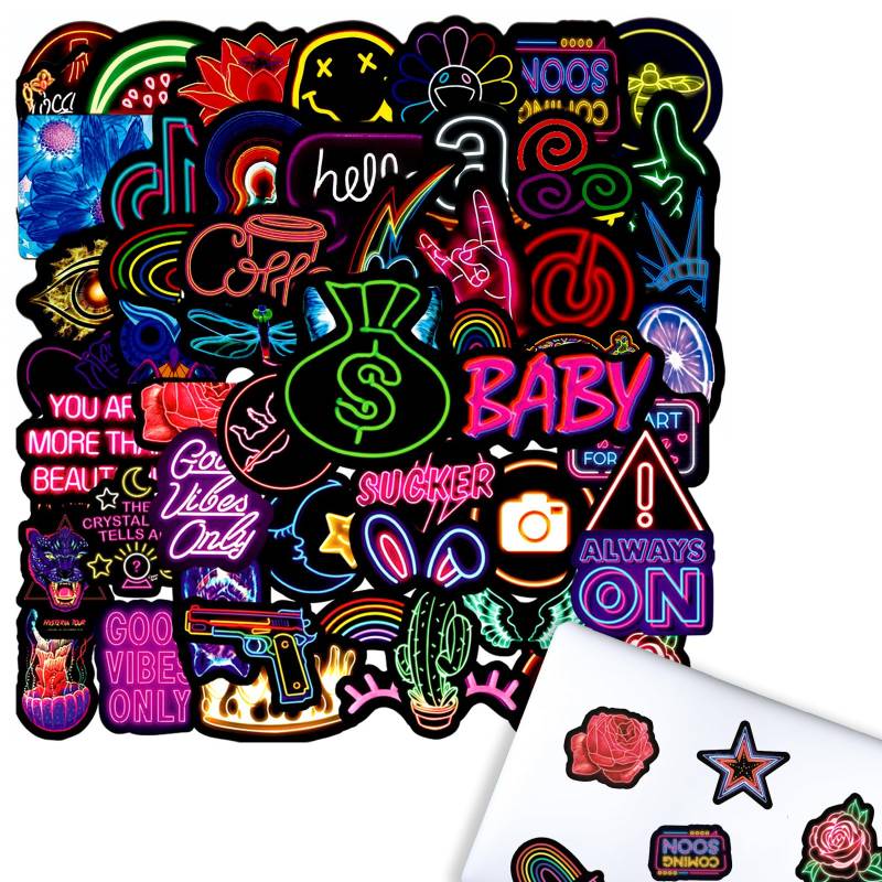 MsTeco 100 Stück Neon Aufkleber Sticker, Graffiti Sticker Wasserfeste Aufkleber Sticker Set Vintage für Skateboard Laptop Koffer Helm Motorrad Auto Fahrrad Computer von MsTeco