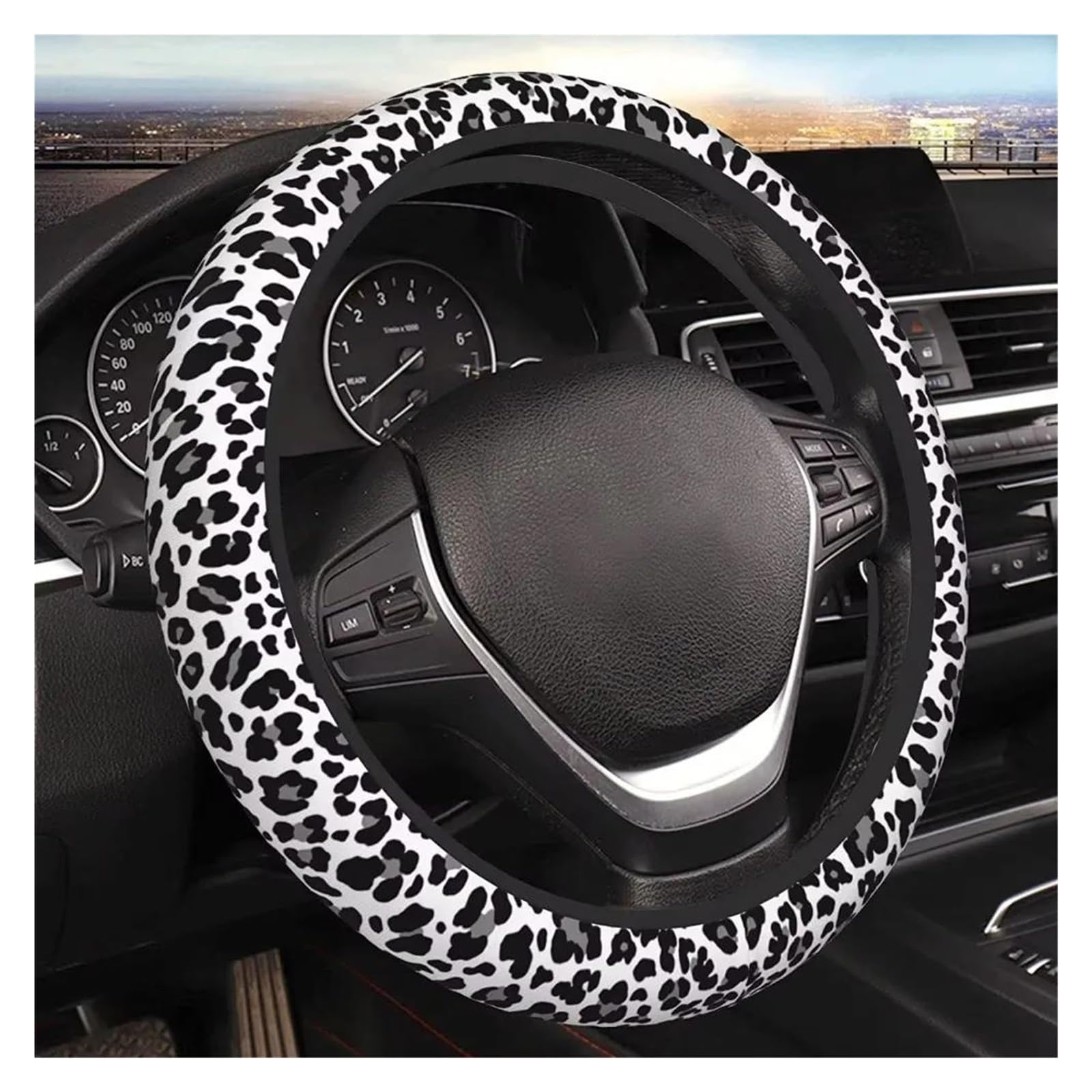 Auto Lenkradbezug Weißer Leopard-Lenkradbezug Für Damen Auto-Lenkradbezug Bohemian-Universal-Schutz Für 15 Zoll Auto-Zubehör Lenkrad Bezug von Mtuqvma