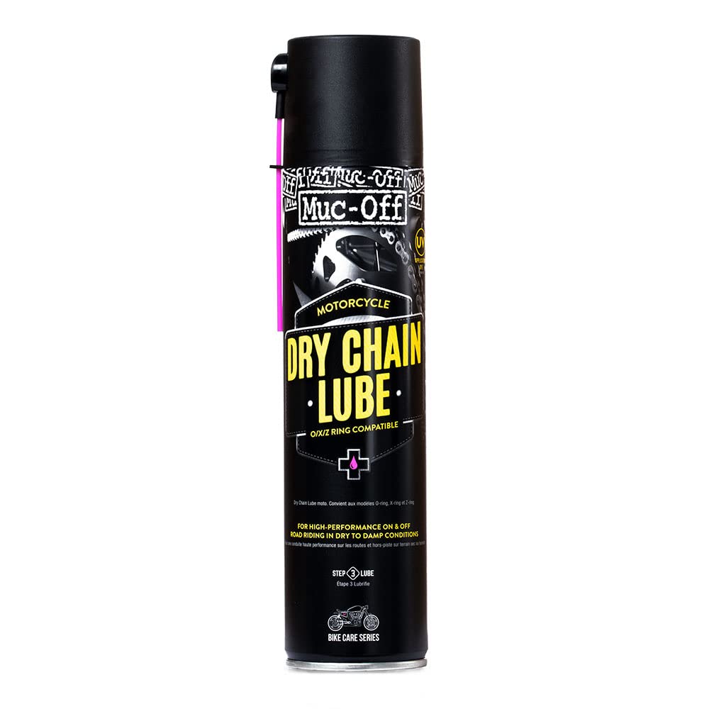 Muc-Off Dry Motorcycle Chain Lube Trocken Motorrad Kettenöl, 400 ml - Premium Motorrad Kettenfett, Kettenspray Motorrad - Formuliert Für Trockene Wetterbedingungen, schwarz / pink von Muc-Off