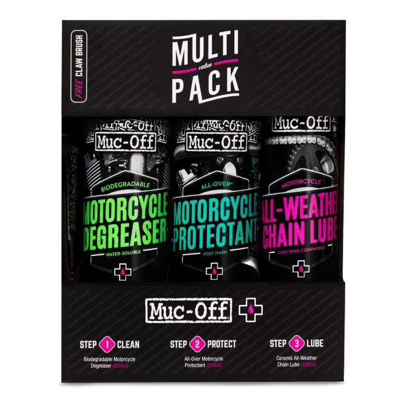 Muc-Off Motorrad Multi-Pack – Basis-Kit für Motorrad Zubehör für Motorrad Reinigung und Pflege – Motorrad Pflegeset mit Entfetter, Schutzmittel, Kettenöl und Klauenbürste von Muc-Off