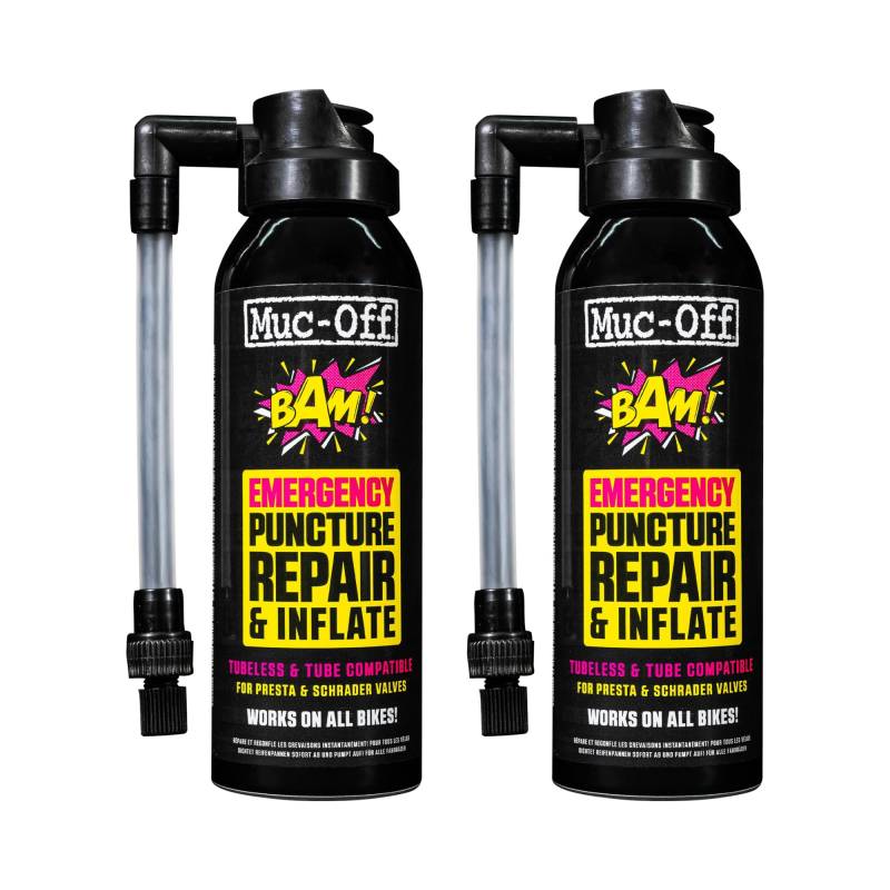 Muc-Off B.A.M! Reifendichtmittel Reifenreparaturset Inflate & Repair 125 ml, 2 Pack - Spray - Sofortige Reparatur und Aufpumpen von Reifen - Geeignet für Straßen-, CX/Kies- und MTB-Reifen von Muc-Off