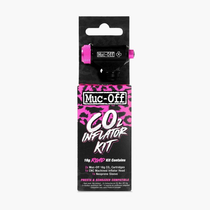 Muc-Off CO2 Inflator Kit, Rennrad - Co2 Pumpe Fahrrad für Rennräder mit Presta- oder Schrader- Fahrrad Ventilen - Inklusive 2 Co2 Kartuschen Fahrrad, Pumpenkopf und Hülle. von Muc-Off