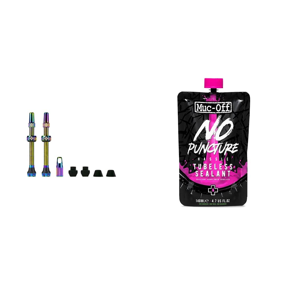 Muc-Off Unisex-Erwachsene Regenbogenfarbige, 44 mm Presta Tubeless Ventile, 44mm & Unisex No Puncture Hassle Tubeless Sealant Reifendichtmittel ohne Pannenschlauchlos, 140ml von Muc-Off