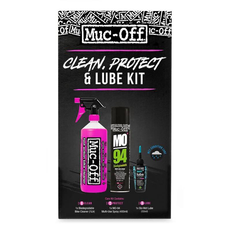 Muc-Off Clean, Protect & Lube Fahrrad Reinigungsset – Fahrrad Zubehör zum Reinigen, Schützen und Ölen von Fahrrad und Mountainbike – Mit Bike Cleaner, MO-94 und Bio Wet Chain Lube von Muc-Off