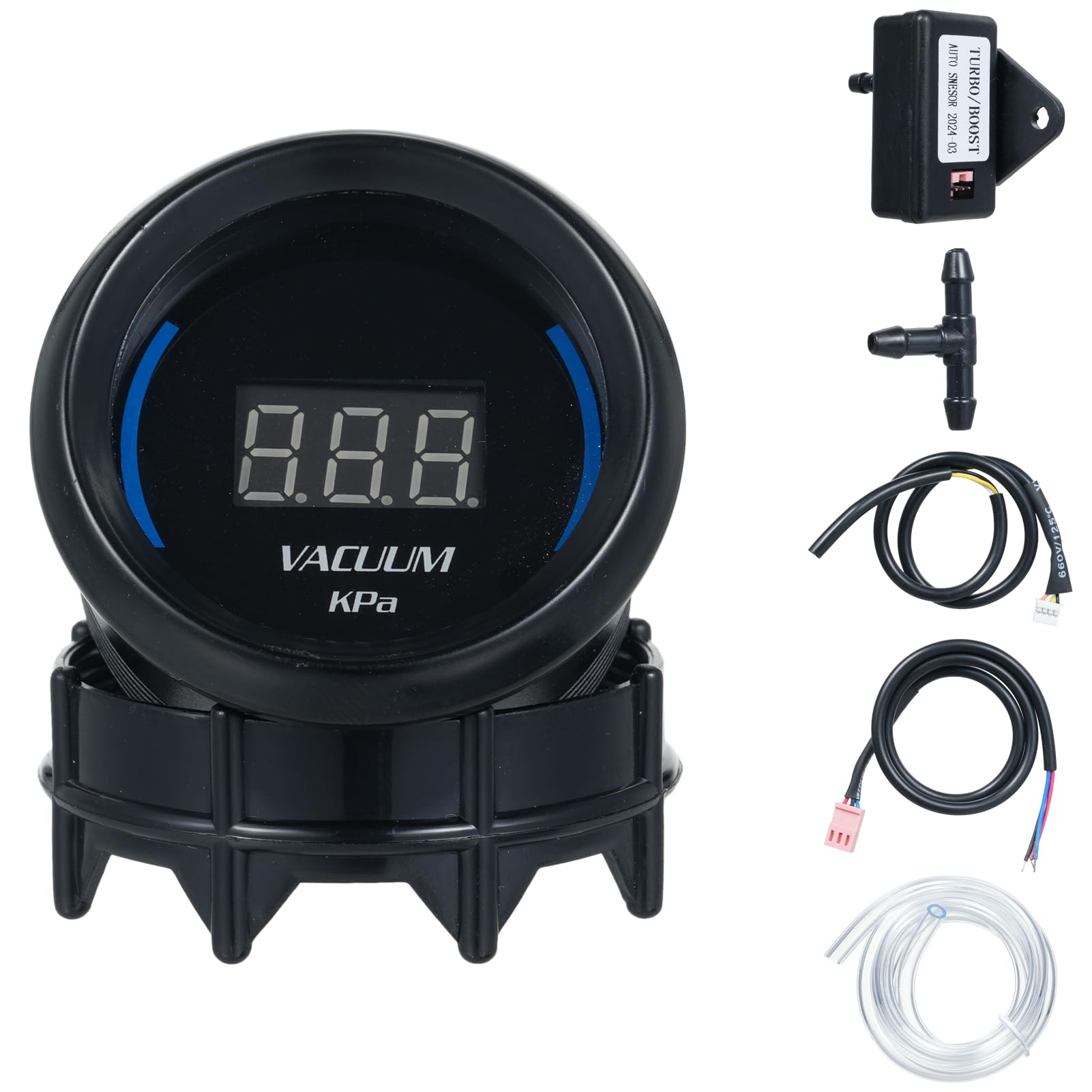 Mulcort 52-mm-Vakuummeter, Blaues LED-Display, Universell für Autos, SUVs, LKWs mit Schlauch und T-Anschluss, Geeignet für 12-V-Fahrzeuge von Mulcort