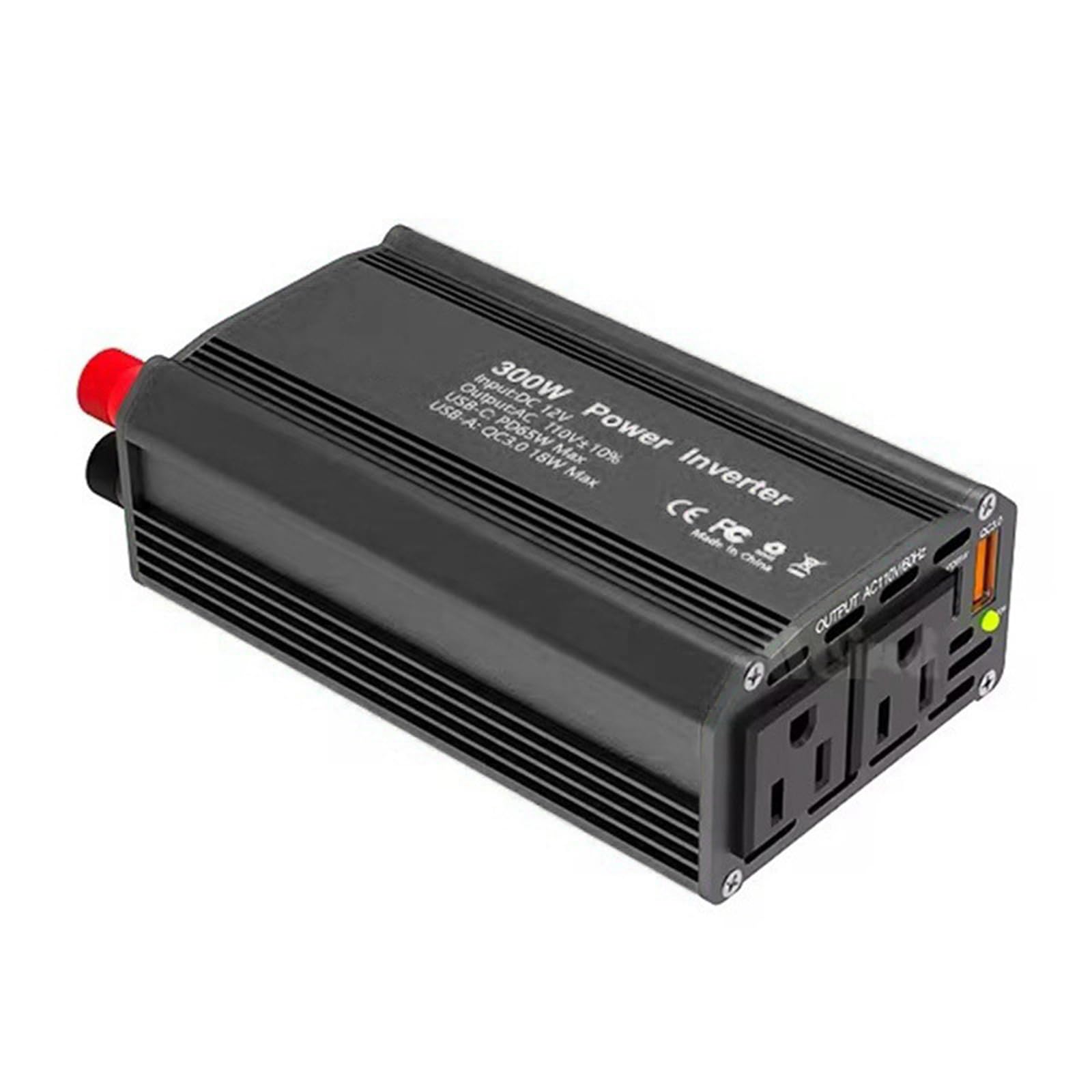 Wechselrichter 300-W 12 V DC auf 110 V AC Kfz-Umrüstnetzteil QC3.0 mit PD65W USB-C-Ladeanschluss, 18 W QC USB A-Schnellladeanschlüsse Intelligenter Lüfter für Laptop-Computer LED-Licht Telefon-Stecker von Mulcort