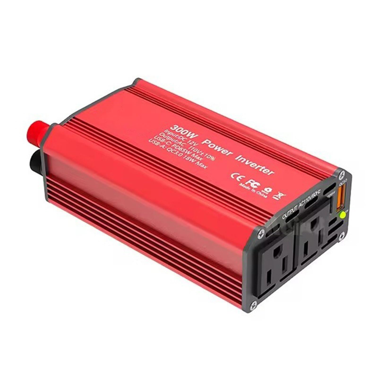 Wechselrichter 300-W 12 V DC auf 110 V AC Kfz-Umrüstnetzteil QC3.0 mit PD65W USB-C-Ladeanschluss, 18 W QC USB A-Schnellladeanschlüsse Intelligenter Lüfter für Laptop-Computer LED-Licht Telefon-Rot von Mulcort