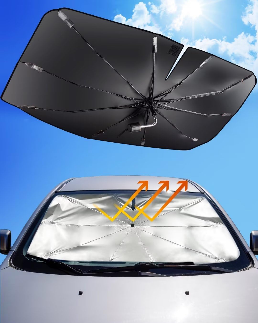 Mulor Sonnenschutz Auto Frontscheibe Faltbar Windschutzscheibe Sonnenschirm Auto Biegsame Stützstange 360° drehbar von Mulor