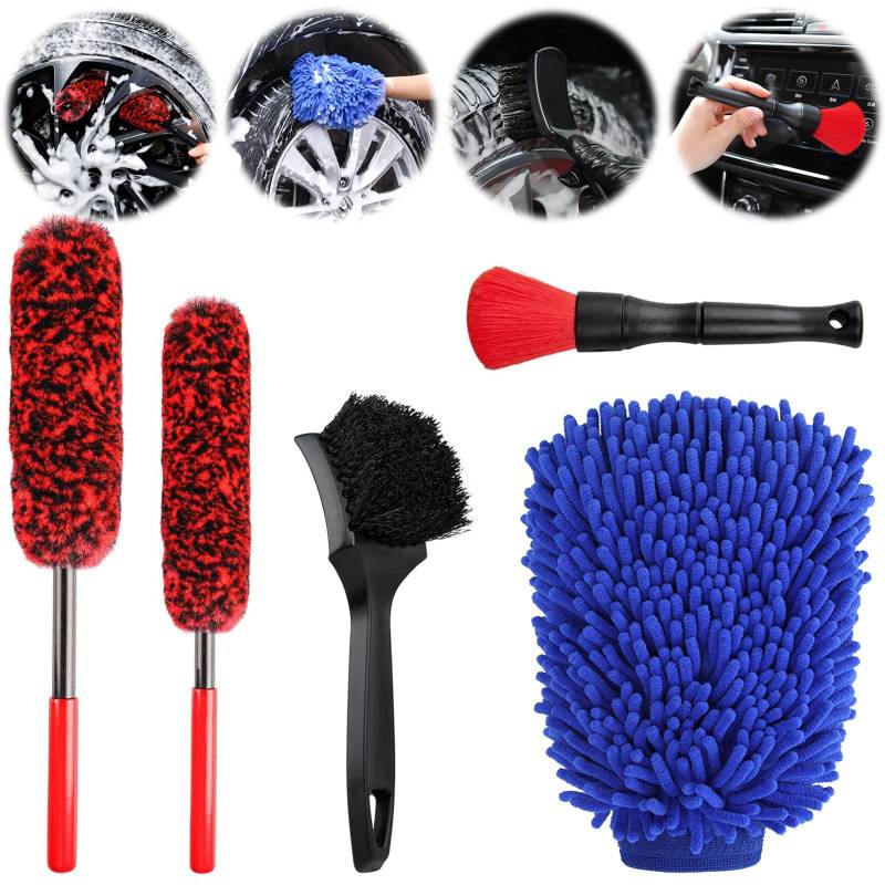 Mumjooyi Auto Reinigungsset Felgen 5 Pcs Auto Felgenbürste Alufelgen Set für Auto Reinigung Innenraum und Außen mit Felgenbürste Reifenbürste Waschhandschuh Detailing Pinsel von Mumjooyi