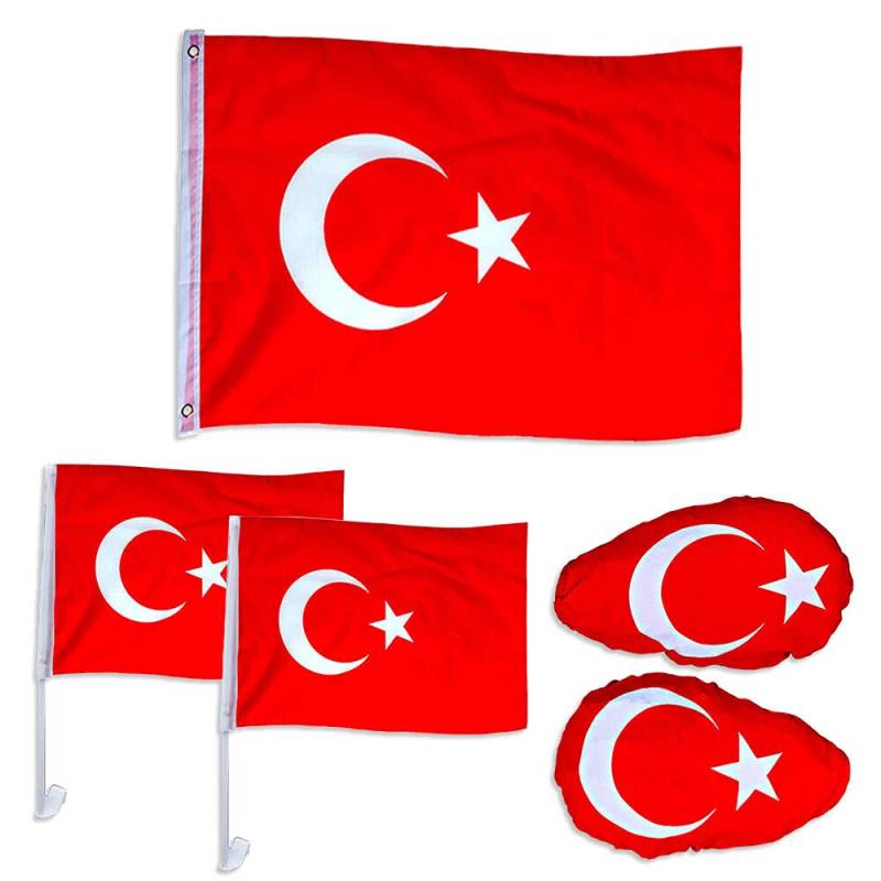 Murago - 5 teiliges Fanset für Auto - Türkei Türkiye Bayrak Fahne Flagge Fußball EM Fanartikel Spiegelfahne Autofahne Dekoration von Murago