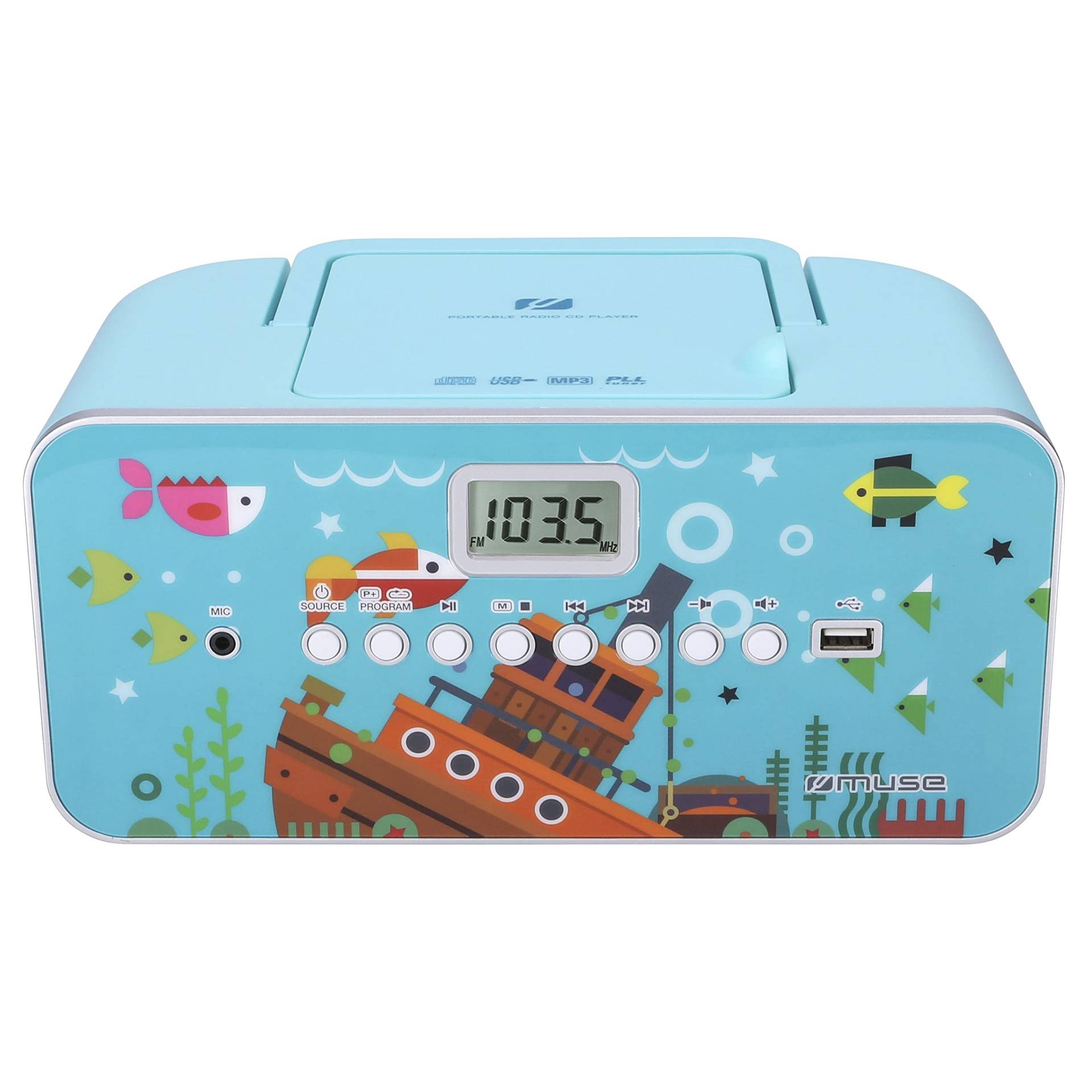 Muse M-29KB CD-Radio für Kinder mit Mikrofon und Sing-A-Long Karaoke Funktion (CD / MP3, USB, AUX-In, LCD-Display, Teleskopantenne), Blau mit Meeresmotiv von MUSE