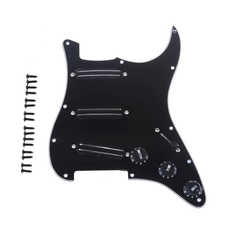 Musiclily 11-Loch Loaded Prewired Pickguard ST Gitarren Vorverdrahtetes Schlagbrett mit Hot Rails Humbucker Pickups Single Coil Format Set für Fender Squier Strat E-Gitarre, 3 lagig Schwarz von Musiclily