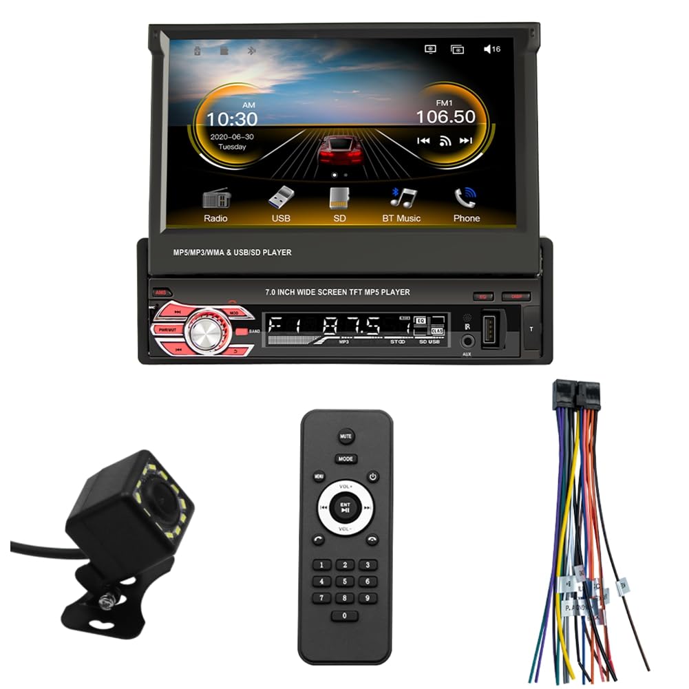 Muuoeou 7-Autoradio mit Manueller Klappfunktion, Carplay Android Auto, Einzel-DIN-HD-Touchscreen-Radio mit Einzelteilen, FM-Bluetooth-Mirror-Link-Rückfahrkamera von Muuoeou