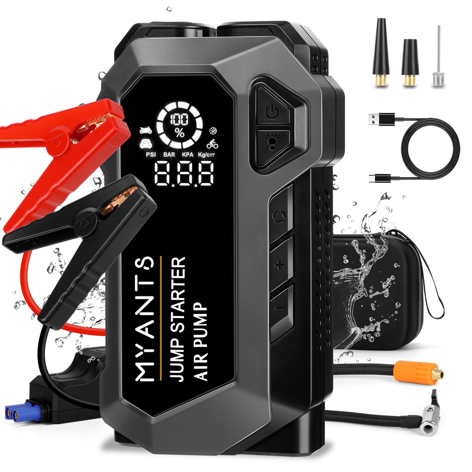 Q18 Starthilfe Powerbank mit Luftkompressor, 4000A Starthilfe-Batterie-Pack mit LED-Licht & Schnell-Ladung, 12V tragbare Autobatterie-Starter für 10.0L Gas- und 8.0L Diesel-Motoren von MyAnts