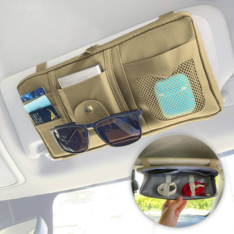 MyGadget Auto Sonnenblende Organizer aus Kunstleder - mit zusätzlicher Innentasche - PKW Innenraum Zubehör für Reise mit u.a. Brillenhalter - Creme von MyGadget