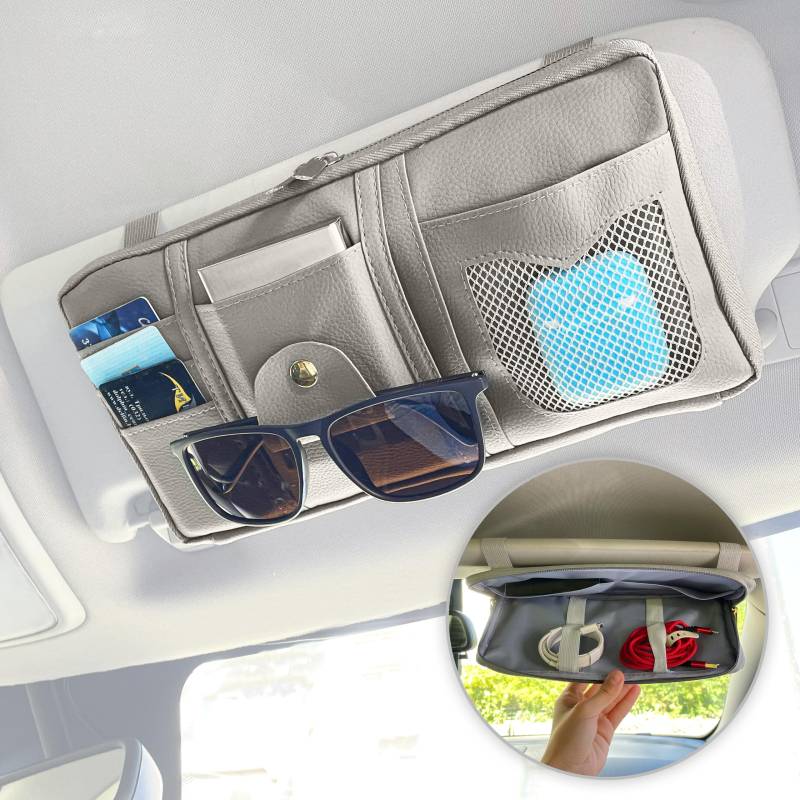 MyGadget Auto Sonnenblende Organizer aus Kunstleder - mit zusätzlicher Innentasche - PKW Innenraum Zubehör für Reise mit u.a. Brillenhalter - Grau von MyGadget