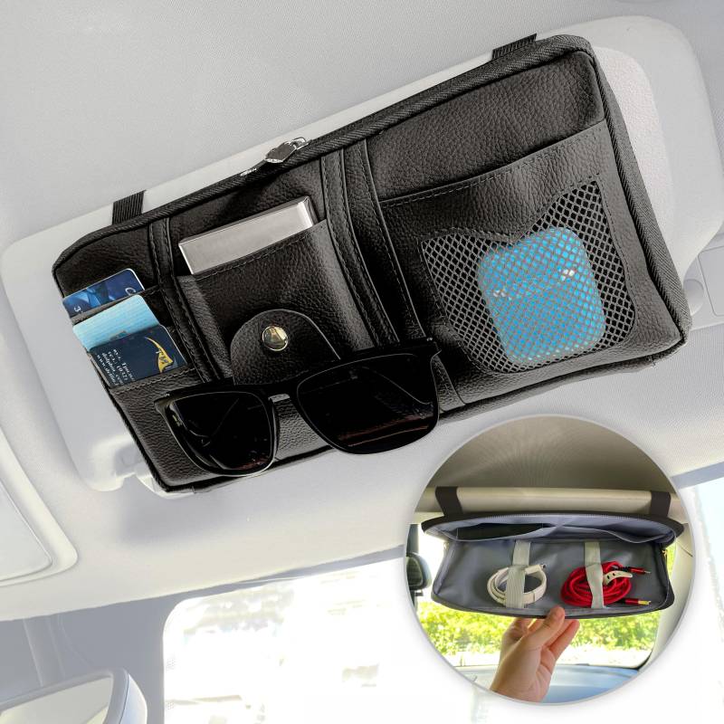 MyGadget Auto Sonnenblende Organizer aus Kunstleder - mit zusätzlicher Innentasche - PKW Innenraum Zubehör für Reise mit u.a. Brillenhalter - Schwarz von MyGadget