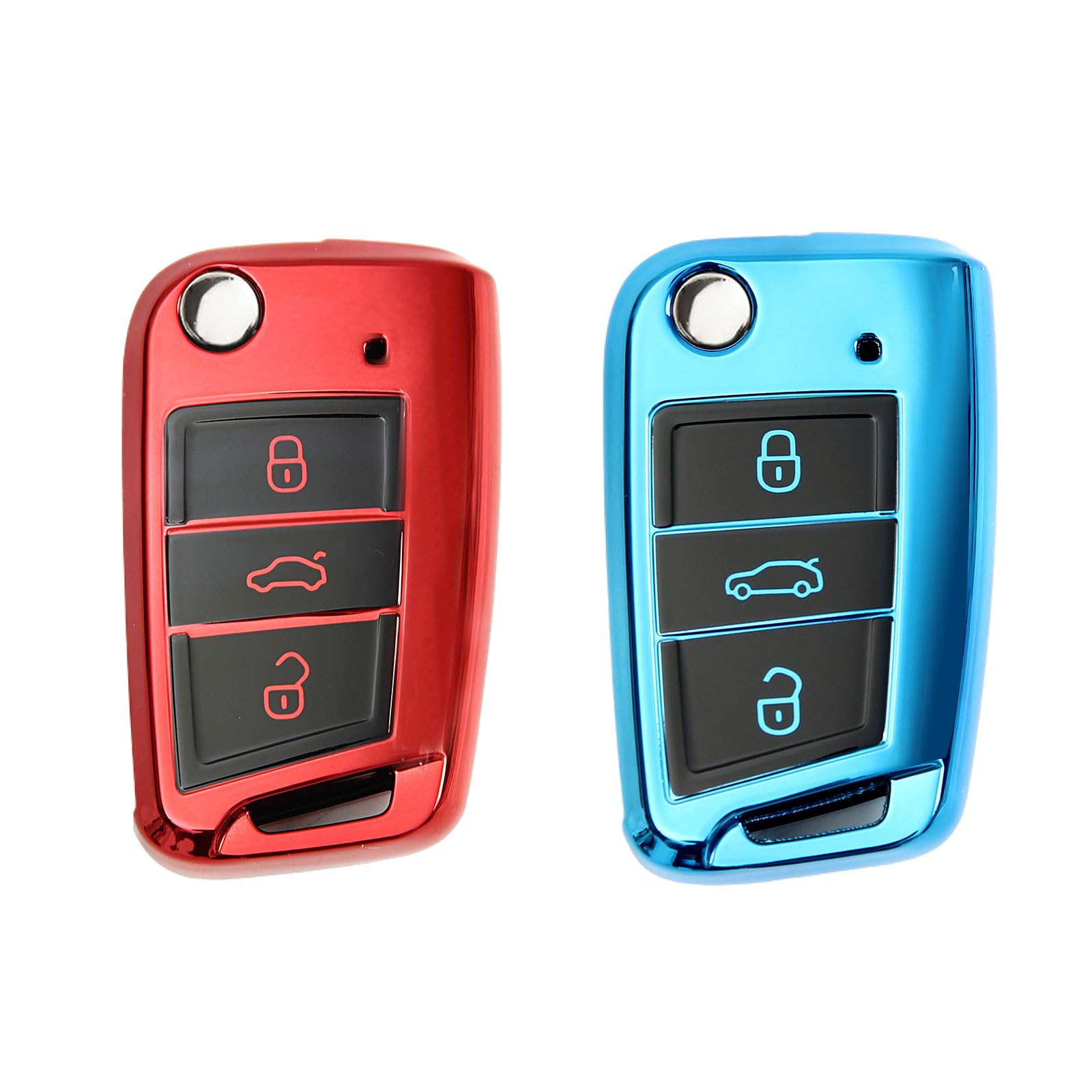 2 Stück Autoschlüssel Hülle, Schlüsselbox,Autoschlüssel Schutzhülle kompatibel mit VW Golf 7、Polo、Tiguan、Skoda 3-Tasten Schlüsselhülle (Rot + Blau) von Mythosurge