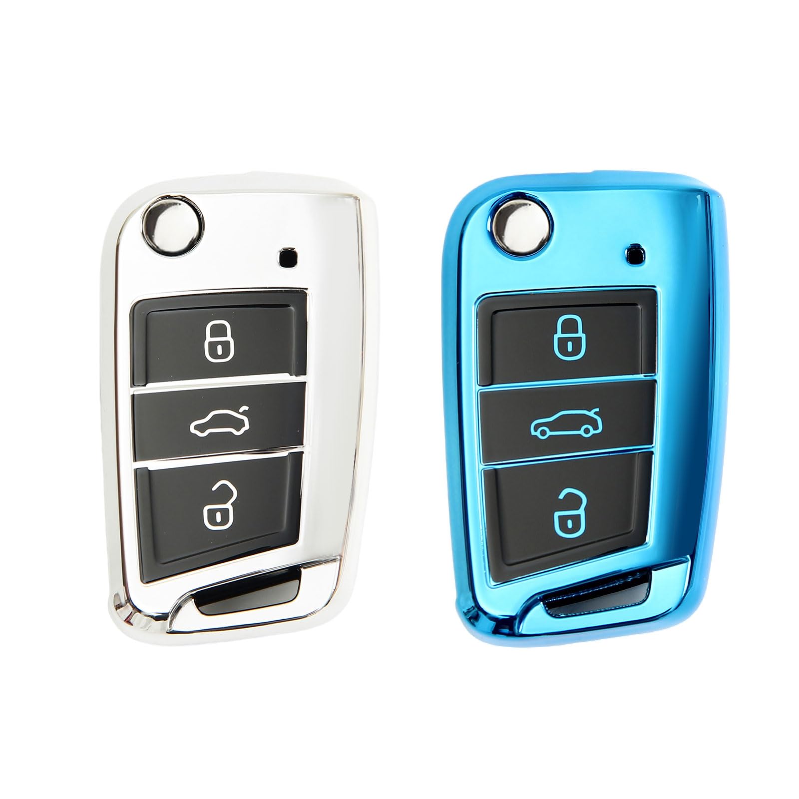 2 Stück Autoschlüssel Hülle, Schlüsselbox ,Autoschlüssel Schutzhülle kompatibel mit VW Golf 7、Polo、Tiguan、Skoda 3-Tasten Schlüsselhülle (Silber + Blau) von Mythosurge