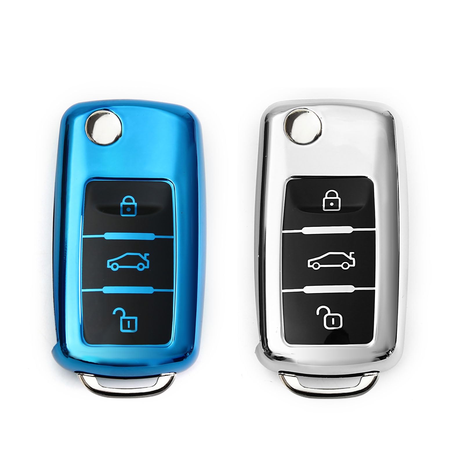 2 Stück Autoschlüssel Hülle, Schlüsselbox,Autoschlüssel Schutzhülle kompatibel mit VW Golf 7、Polo、Tiguan、Skoda 3-Tasten Schlüsselhülle (Blau + Silber) von Mythosurge