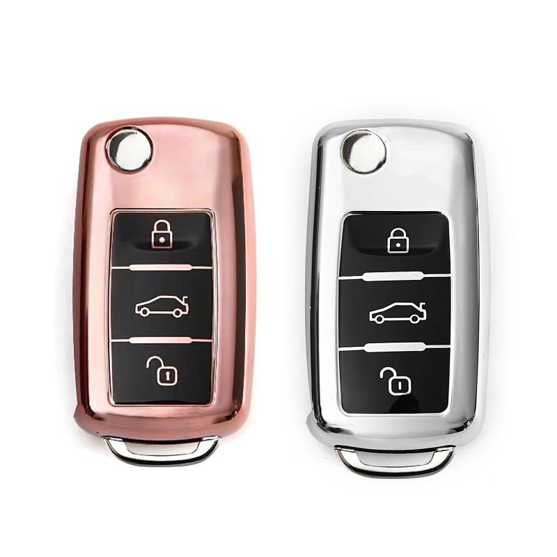 2 Stück Autoschlüssel Hülle, Schlüsselbox ,Autoschlüssel Schutzhülle kompatibel mit VW Golf 7、Polo、Tiguan、Skoda 3-Tasten Schlüsselhülle (Silber+Roségold) von Mythosurge