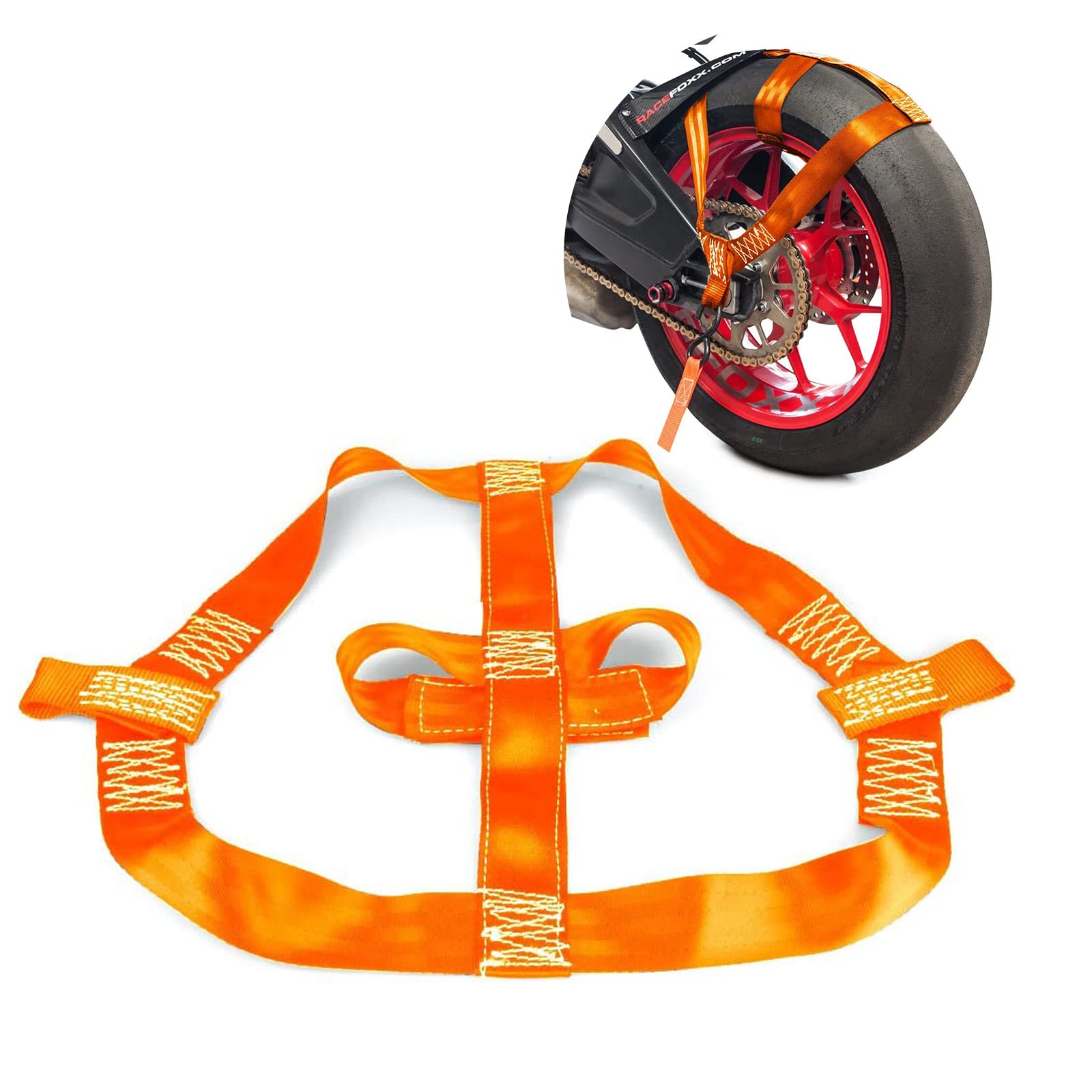 Motorrad Transportsicherung, Spanngurte Hinterrad, Abspanngurt Zurrgurt, Vorderrad Gurt Verzurrsystem Binderiemen(Orange,Geeignet für 18" Reifen) von EATAN