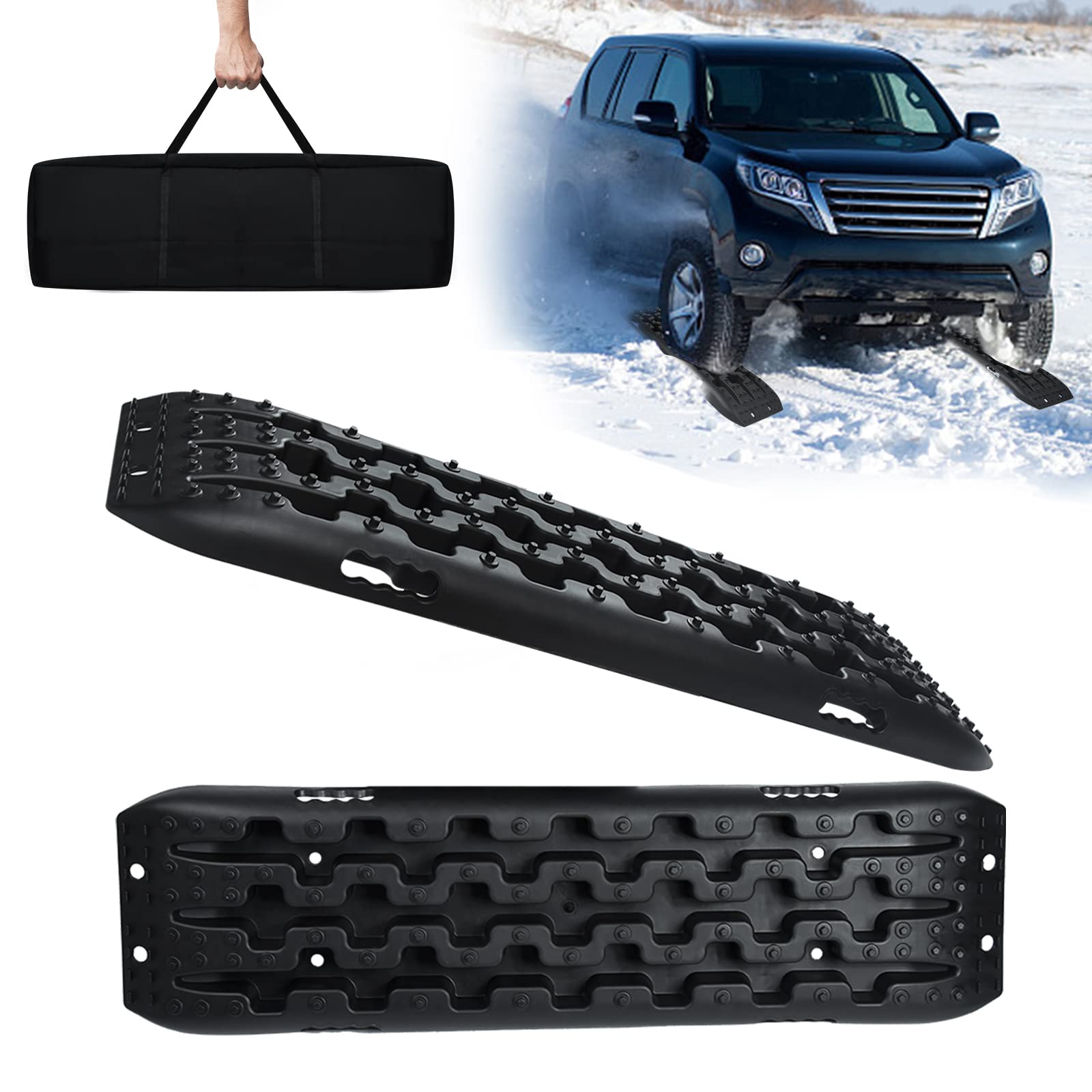 NAIZY 2x Sandbleche Offroad Traktionsmatte Kunstoff Anfahrhilfe Recovery Board Tracks mit Aufbewahrungstasche Traktionsband Max. 10T Last, PKW LKW Traktionsplatten, Schwarz von NAIZY